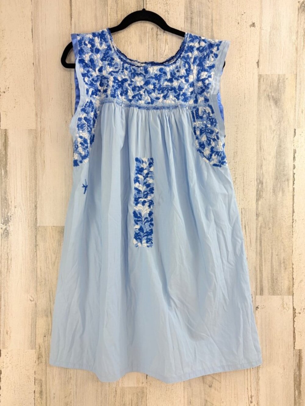 Mi Golondrina Sz L Short Dress Blue Hand Embroidered Mexico
